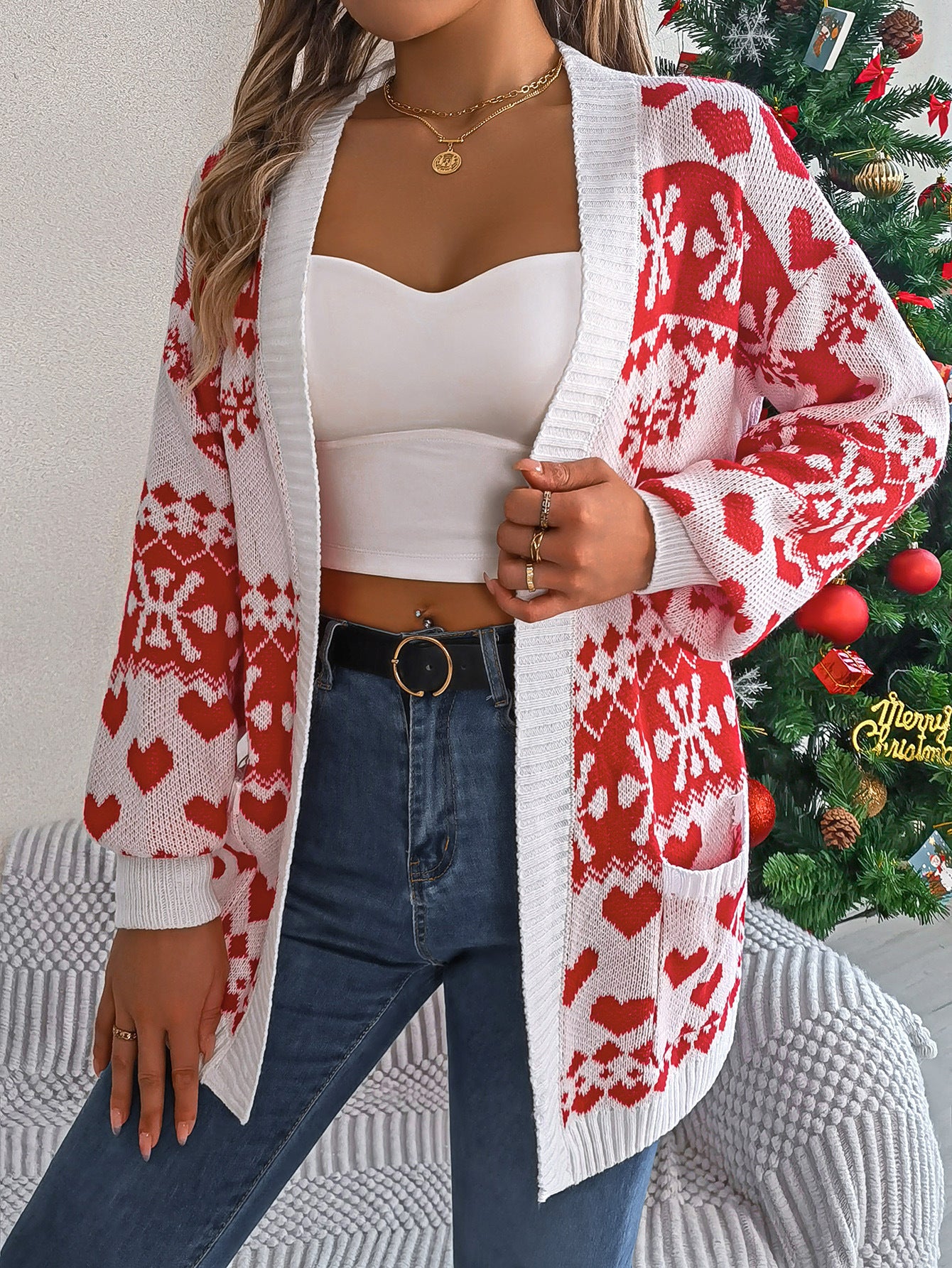 Women’s Christmas Deer Knit Cardigan – Oversized Lantern Sleeve Holiday Sweater with Pockets