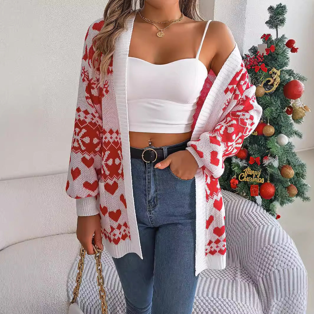 Women’s Christmas Deer Knit Cardigan – Oversized Lantern Sleeve Holiday Sweater with Pockets