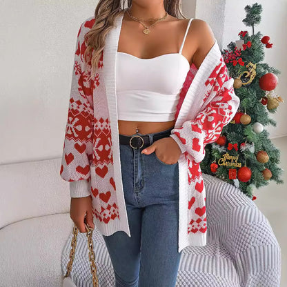 Women’s Christmas Deer Knit Cardigan – Oversized Lantern Sleeve Holiday Sweater with Pockets