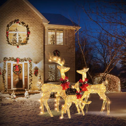 3-Piece Golden Light-Up Christmas Elk Family Decoration Set – Outdoor Holiday Yard Display