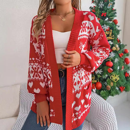 Women’s Christmas Deer Knit Cardigan – Oversized Lantern Sleeve Holiday Sweater with Pockets