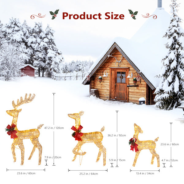 3-Piece Golden Light-Up Christmas Elk Family Decoration Set – Outdoor Holiday Yard Display