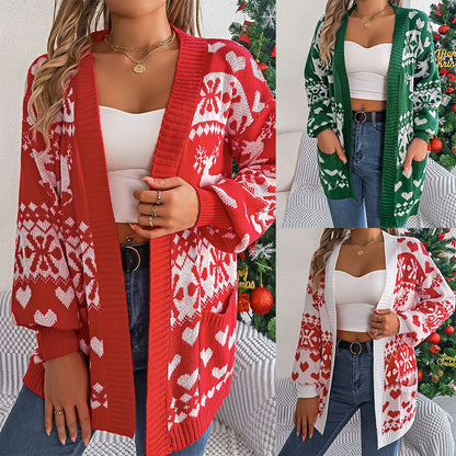 Women’s Christmas Deer Knit Cardigan – Oversized Lantern Sleeve Holiday Sweater with Pockets